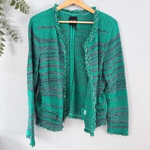 NIC+ZOE Green Striped Tweed Fringed Open Front Moto Jacket Large Cotton Blend